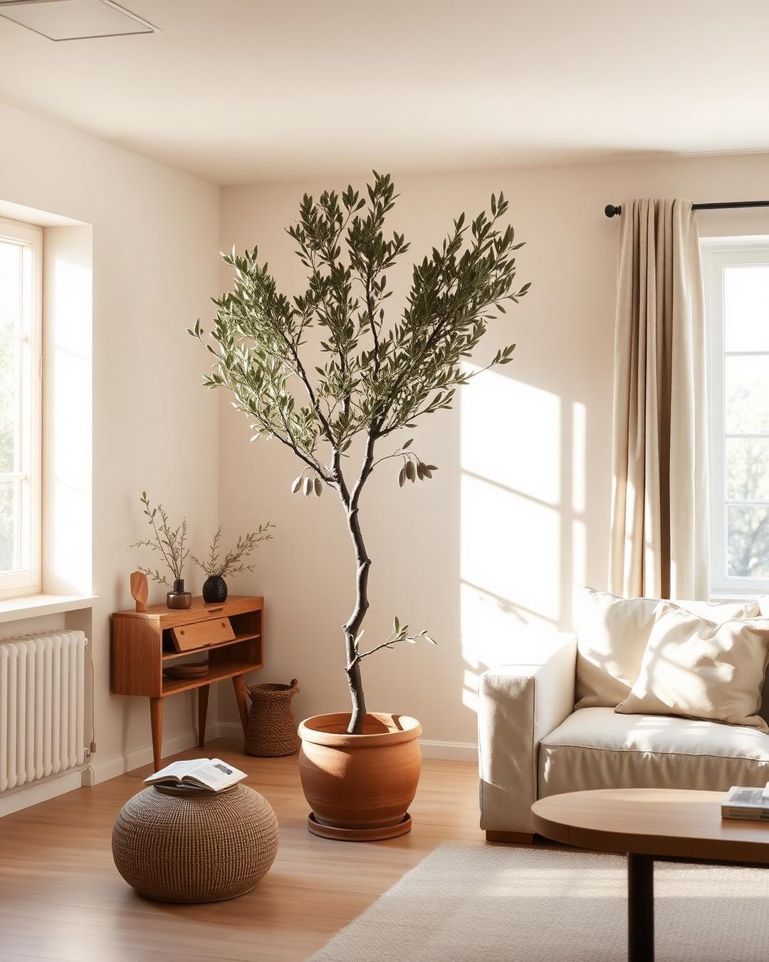Sun-drenched minimalist living room with a large artificial olive tree in a terracotta pot