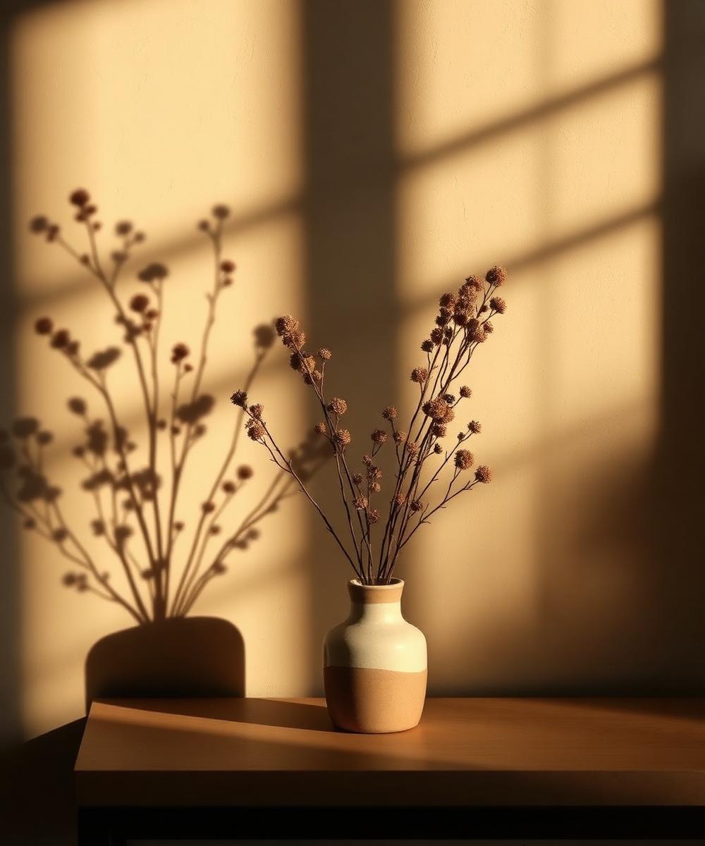 Moody still life of a ceramic vase with dried botanical stems in warm afternoon light